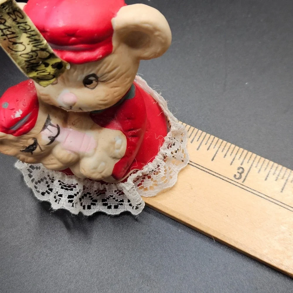 Vintage Chiming Critters Mouse Holding Baby Christmas Ornament Lace Trim 3